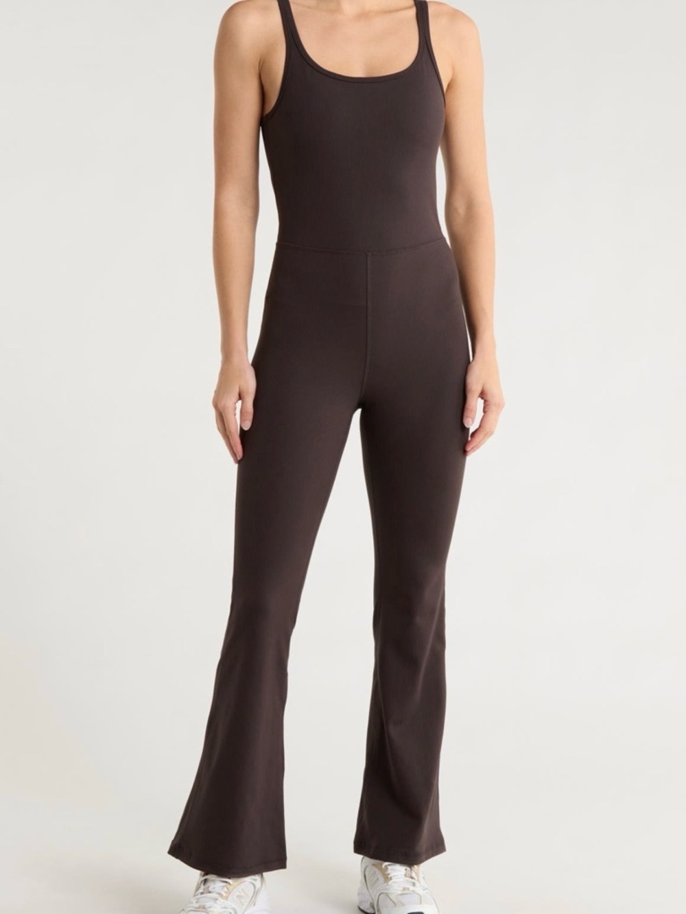 Yogalicious Ribbed Scoop-Neck Boot-Cut Jumpsuit in Dark Brown